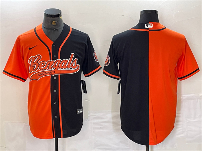 Men's Cincinnati Bengals Blank Black/Orange Split With Patch Cool Base Stitched Baseball Jersey Men's Cincinnati Bengals Blank Black/Orange Split With Patch Cool Base Stitched Baseball Jersey